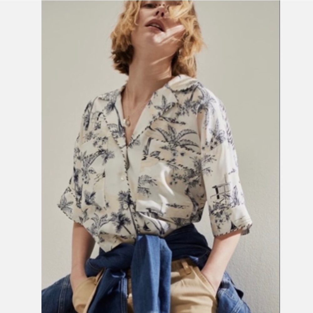 ★NWT FRAME Palm Tree Silk Shirt Navy/Cream Size S★